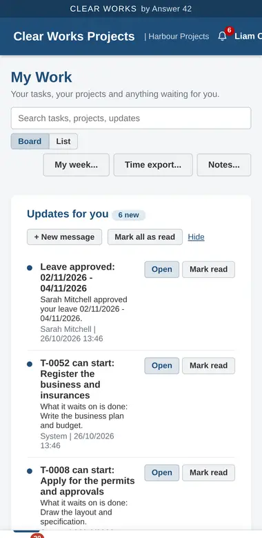 Clear Works on a phone: My Work with updates and tasks to accept